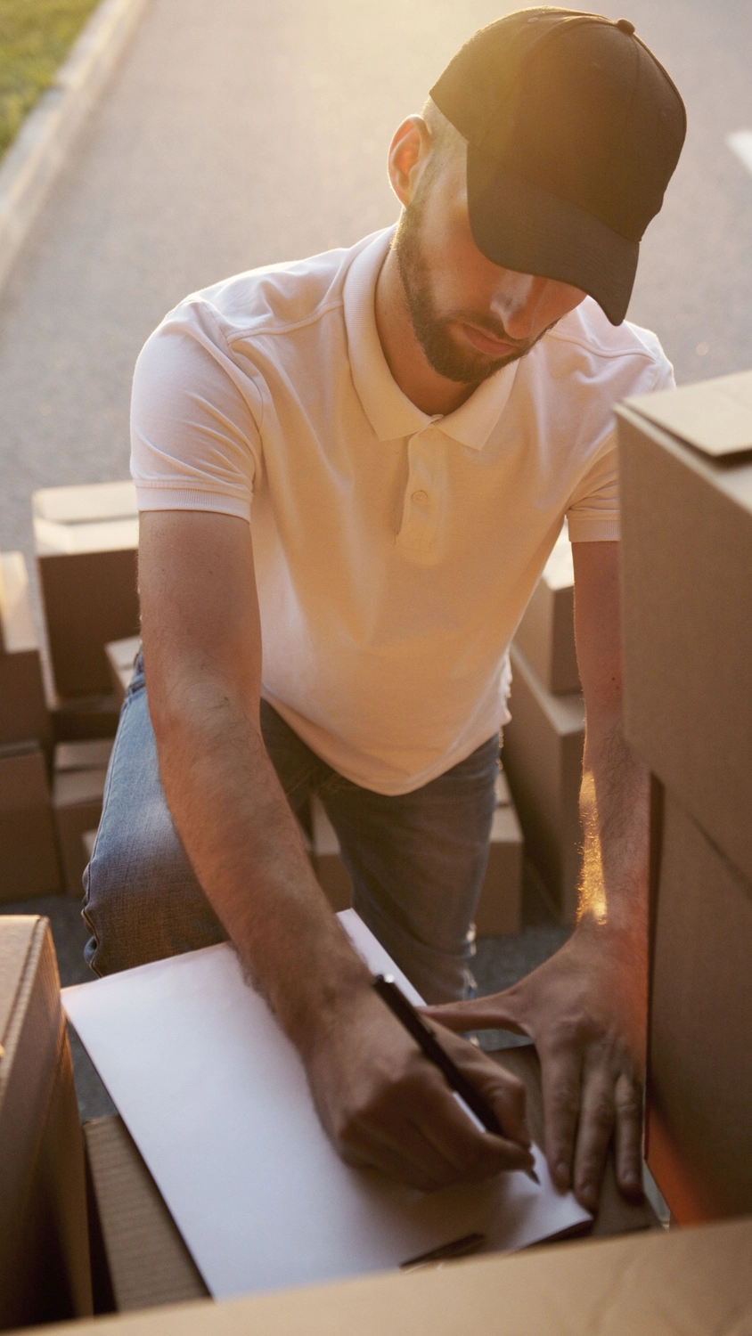RK-TRANSPORTE – Transport- und Logistikdienstleistungen – Zustellkurier schreibt auf einem Klemmbrett, umgeben von Kartonverpackungen.
