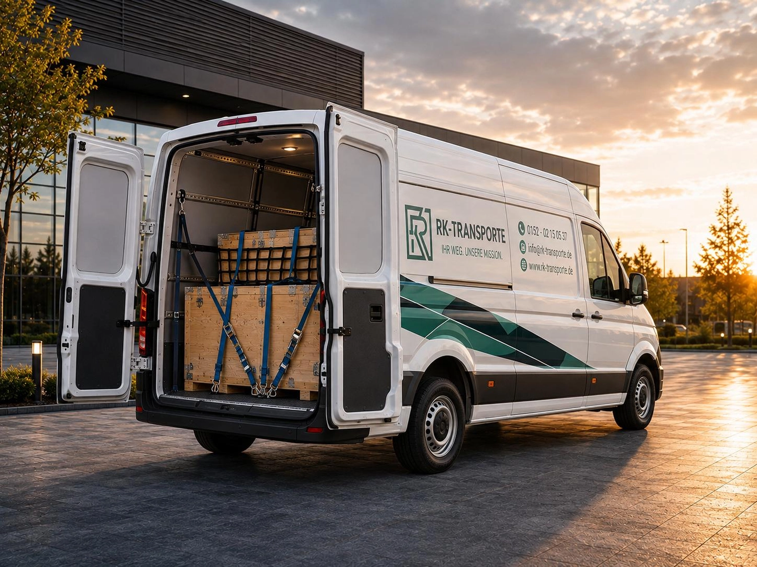 RK-TRANSPORTE – Transport- und Logistikdienstleistungen – Geöffnete Hecktüren eines weißen Lieferwagens, durch die eine gesicherte Palettenkiste sichtbar ist.