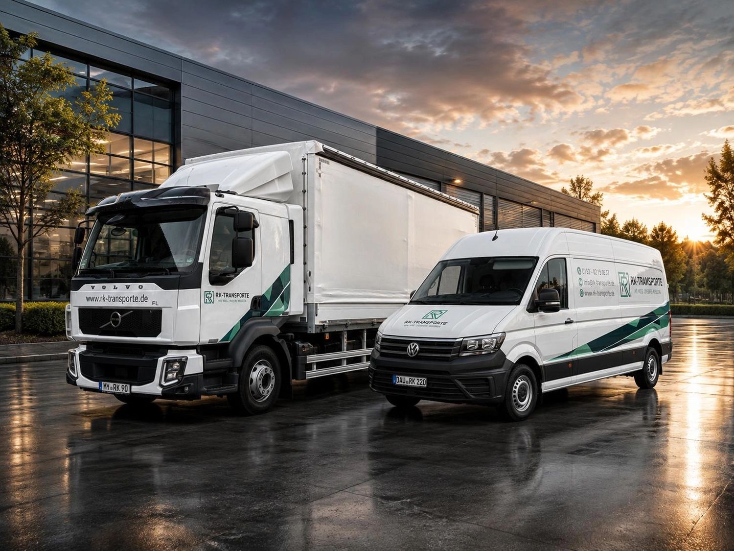 RK-TRANSPORTE – Transport- und Logistikdienstleistungen – Weißer Volvo-Lieferwagen parkt an einer Laderampe eines Lagerhauses.