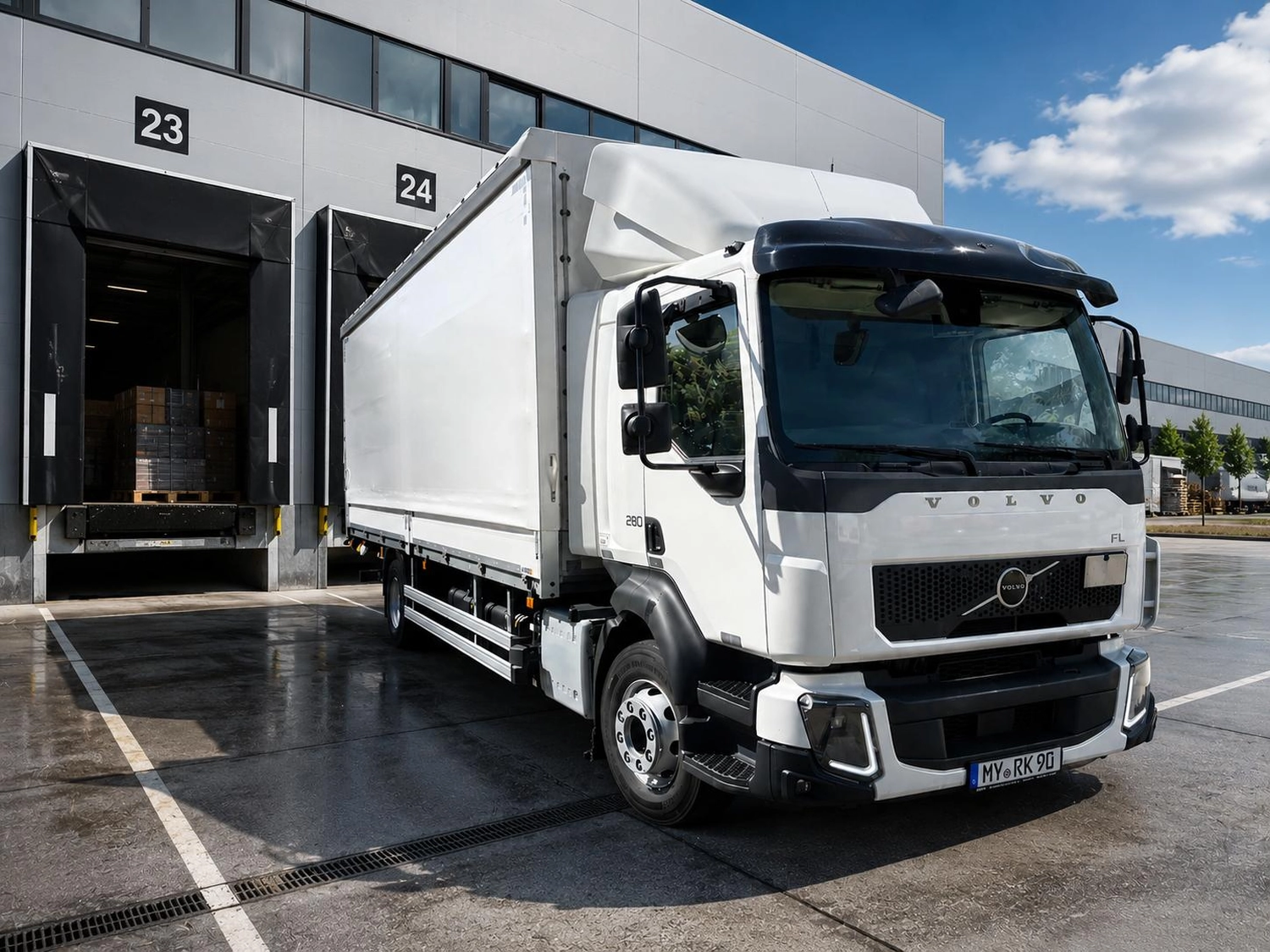 RK-TRANSPORTE – Transport- und Logistikdienstleistungen – Weißer Volvo-Lieferwagen parkt an einer Laderampe eines Lagerhauses.